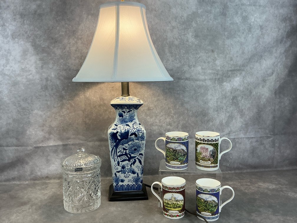 Lamp, Crystal Canister, & 4 Castle Mugs