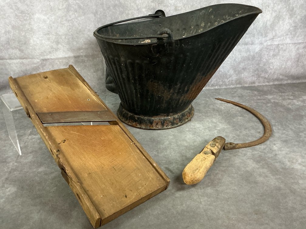 Coal Bucket, Hand Sickle, & Cabbage Shredder