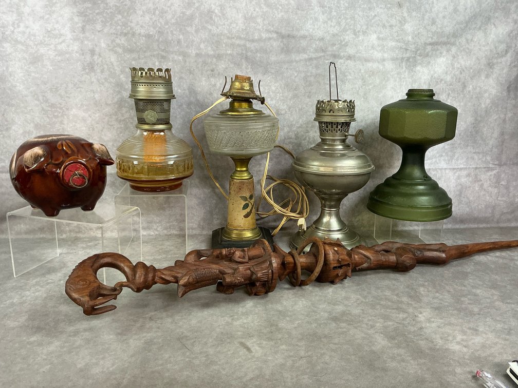 Oil Lamps, African Walking Stick & Stoneware Pig