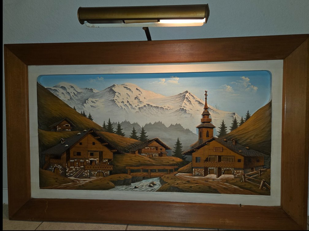 Vintage Bavarian Wood Relief Mountain Landscape Painting 