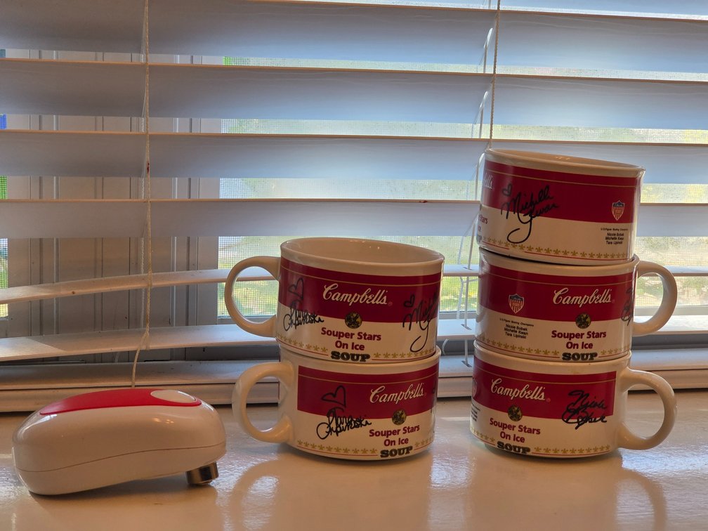Campbell's Vintage Signed Ice Skating Soup Cups with Electric Can Opener