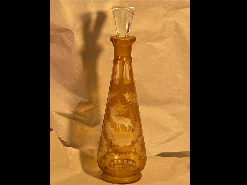 Vintage Czech Amber Cut to Clear Decanter