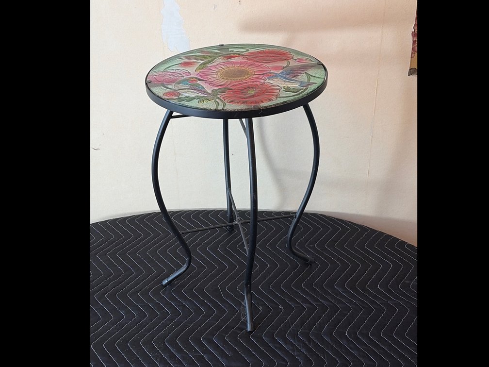 Hummingbird art, glass side table