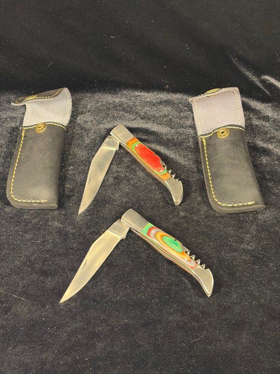 Handcrafted folding knives w/leather sheath