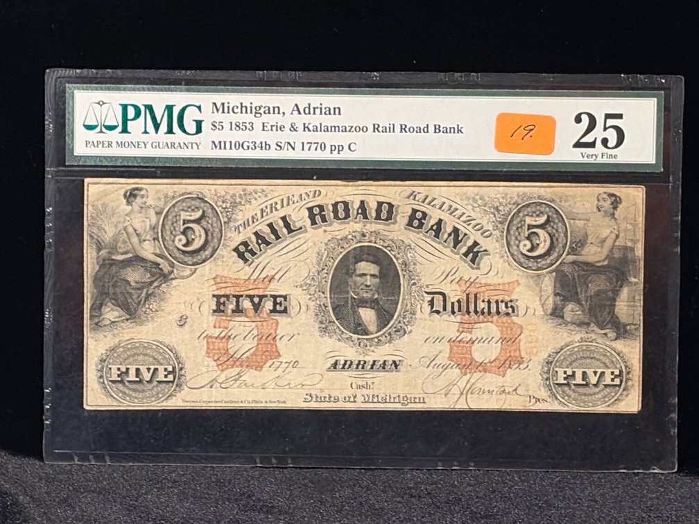 $5 1853, Erie and Kalamazoo railroad bank VF 25