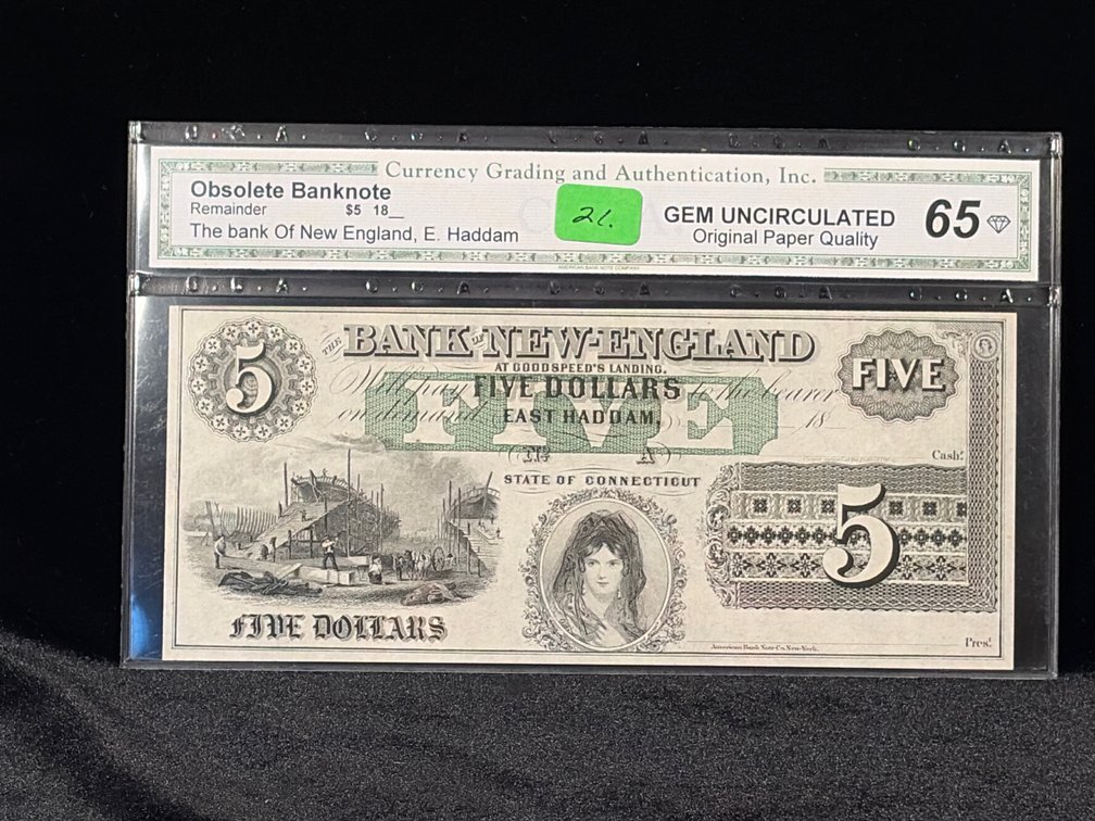 $5 1800 obsolete bank note of New England Gem mint 65