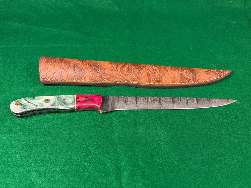 Handcrafted Damascus, Arkansas toothpick with leather sheath