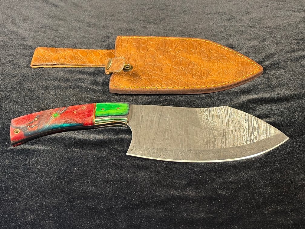 Damascus Cleaver with leather sheath