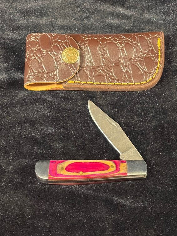 Damascus handcrafted folding knife with sheath