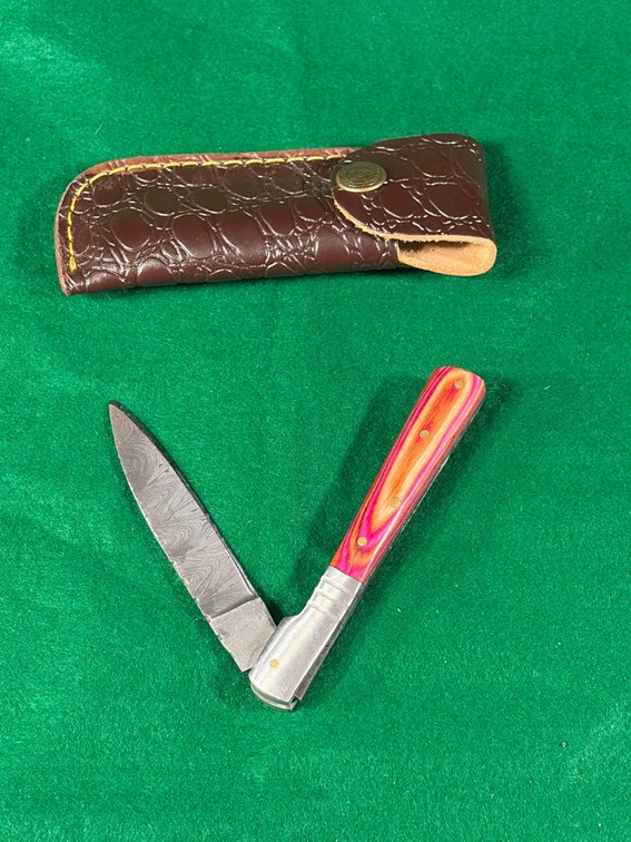 Damascus blade handcrafted folding knife with leather sheath