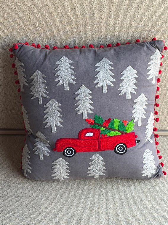 Gray Christmas theme pillow with red pick up, Christmas tree