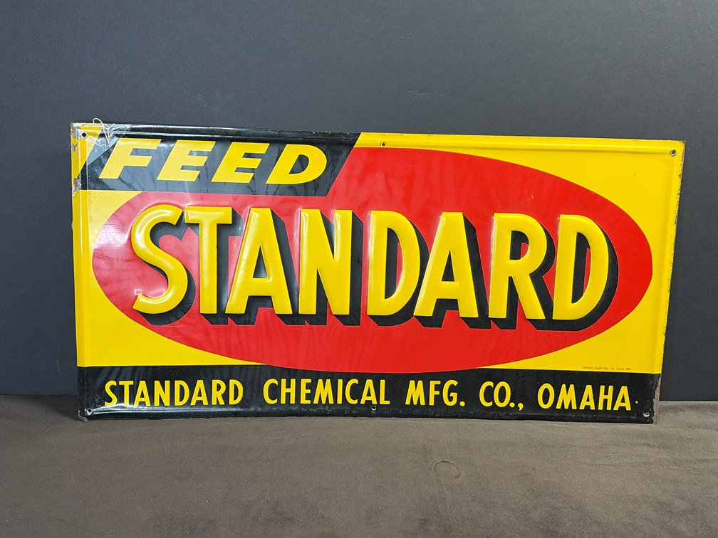 Vintage tin litho advertising sign for Feed Standard by the Standard Chemical Mfg. Co. of Omaha, Nebraska