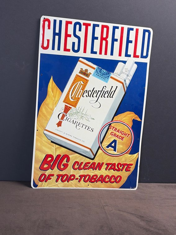 vintage 1950s Chesterfield Cigarettes "Big Clean Taste of Top-Tobacco" embossed metal advertising sign