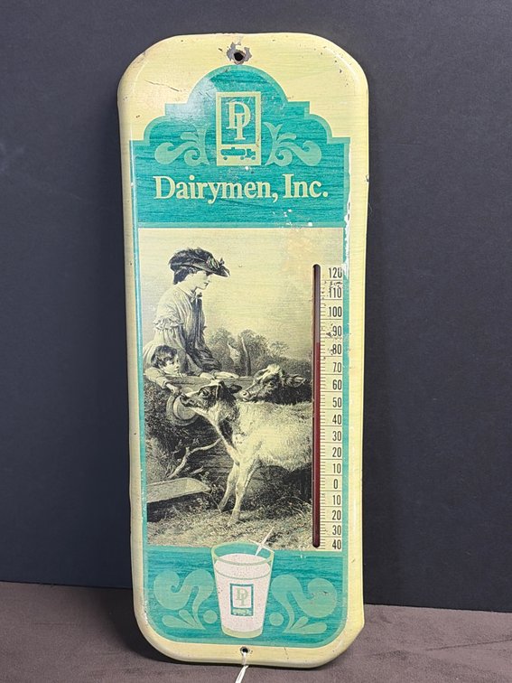 1970s Vintage Dairymen, Inc. metal advertising thermometer