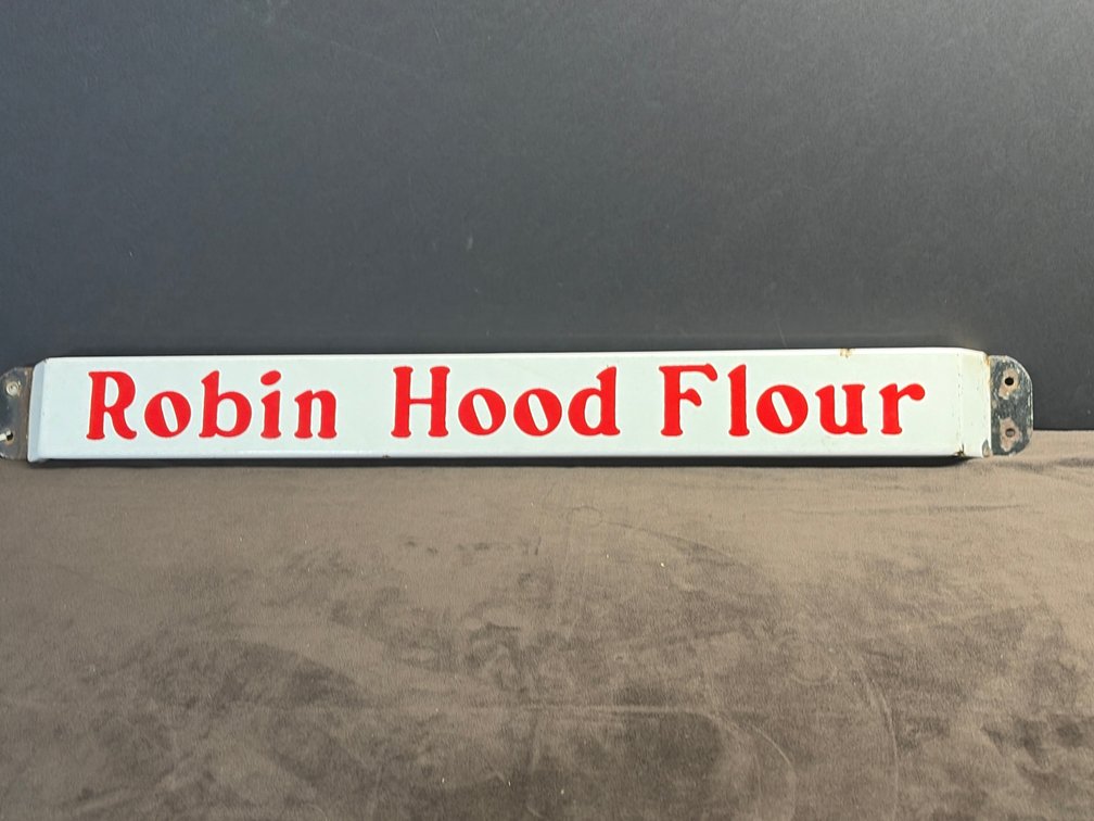 Vintage porcelain enamel vertical door push bar or pull sign featuring the red-and-white branding for Robin Hood Flour