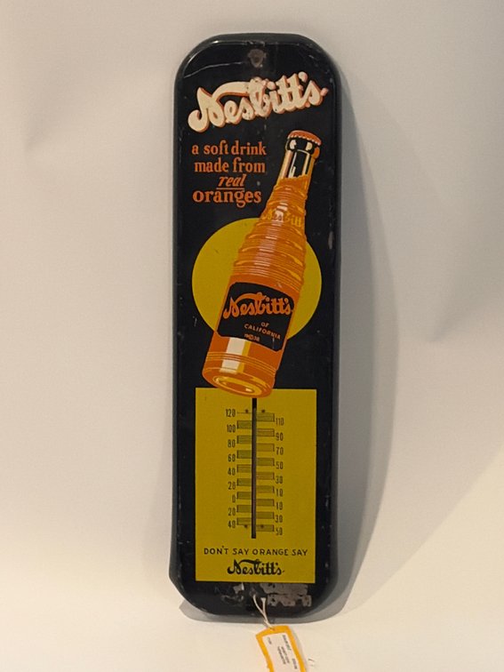 Nesbitt's California Orange Soda tin lithographed advertising wall thermometer