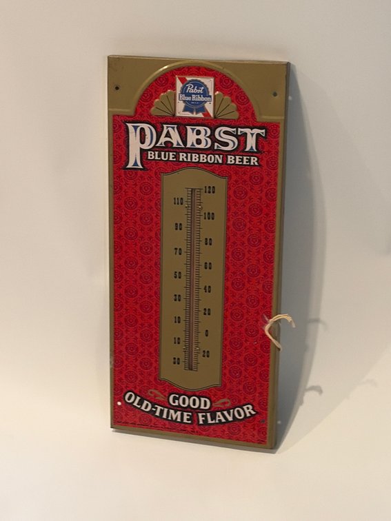 Vintage Pabst Blue Ribbon "Good Old-Time Flavor" metal advertising thermometer sign from the late 1960s to early 1970s