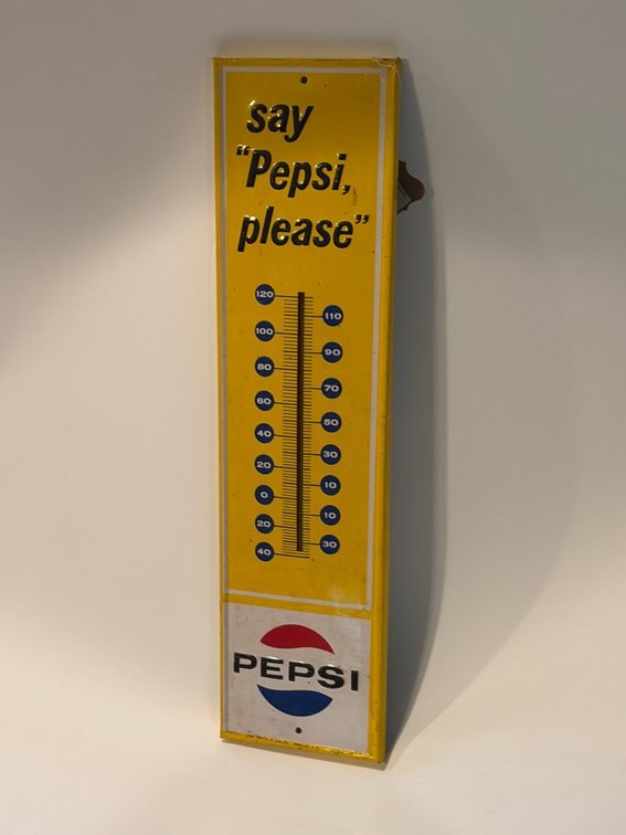 Vintage 1960s Pepsi-Cola metal advertising thermometer sign