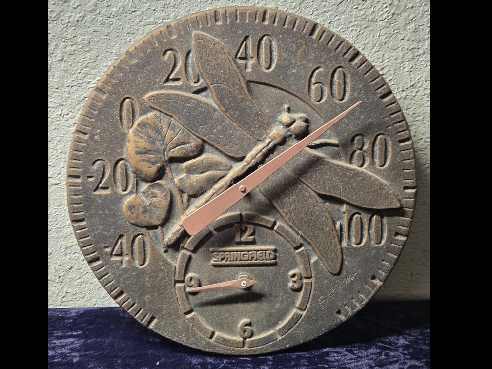 Vintage Springfield 12-inch round dragonfly metal outdoor thermometer and clock