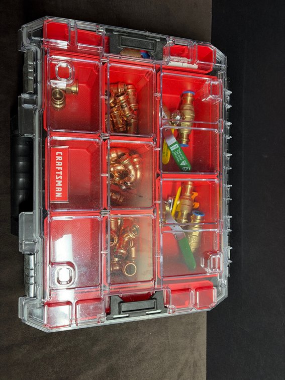Copper connecters, valves Craftsman box