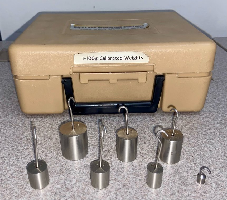 81. Rice Lake Calibrated Weight Set in Carrying Case, 1ea 1g, 10g & 100g and 2ea 20g & 50g Weights