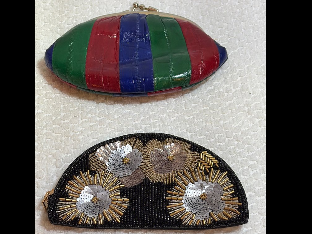vintage multi-color eel skin kiss-lock coin purse and art nouveau black beaded evening clutch