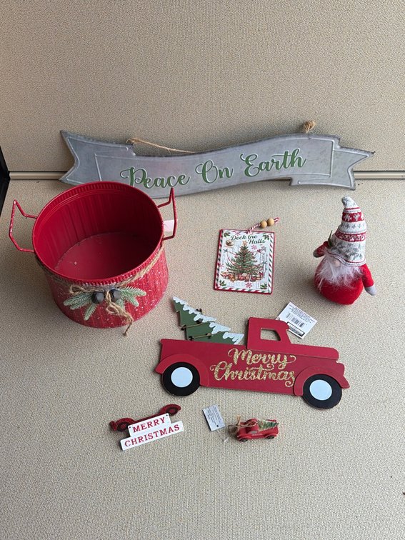 Christmas decor, bucket, and sign
