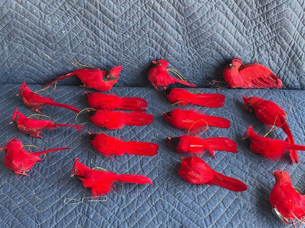 Cardinal ornaments with actual feathers