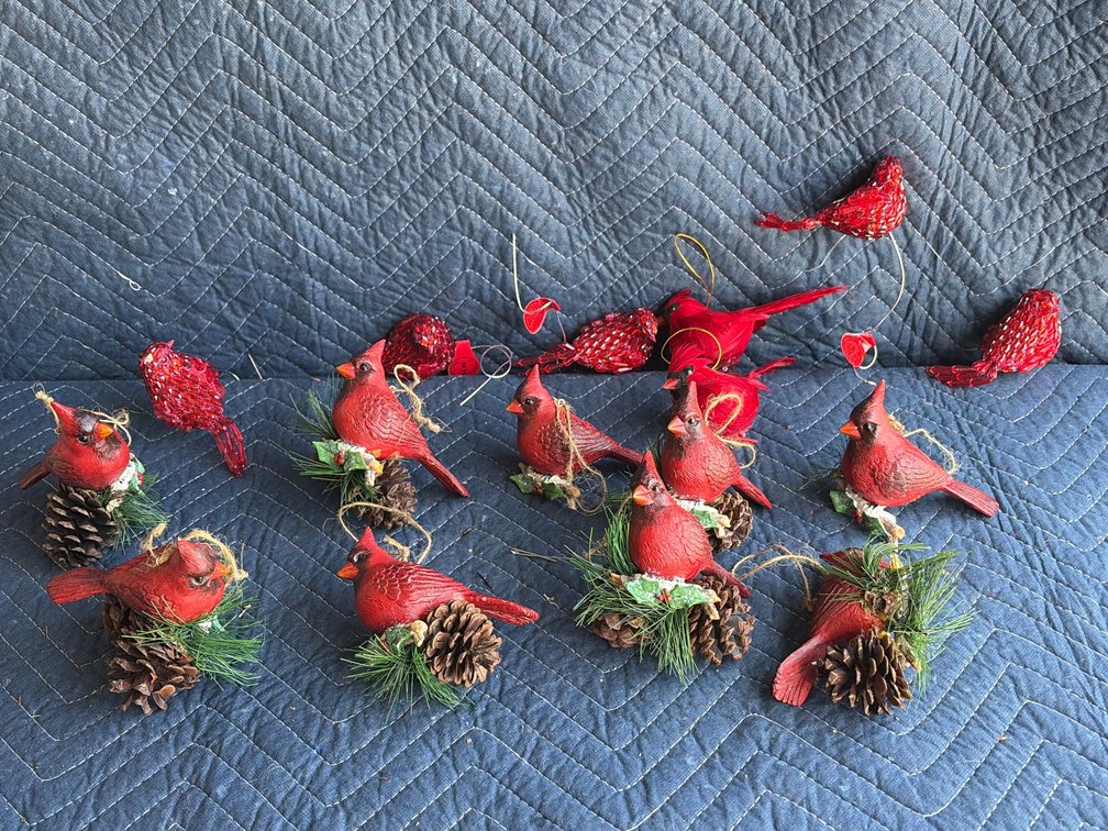 Cardinal, ornaments, beaded, pine cones