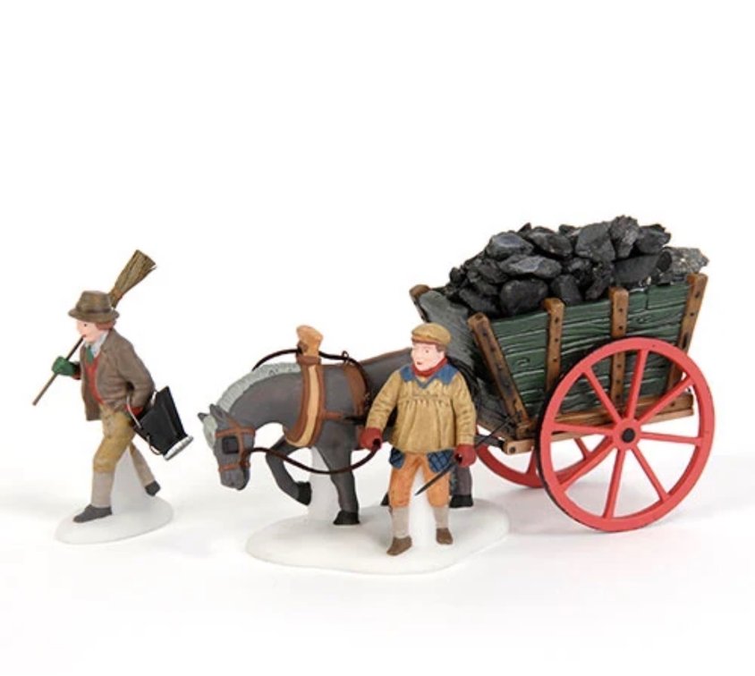 Department 56 Heritage Village Collection accessory set titled "Delivering Coal for the Hearth"