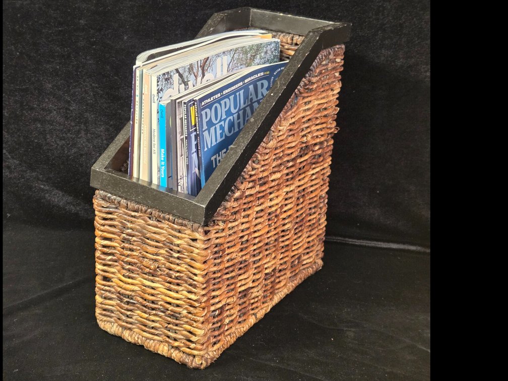 Rustic Woven Magazine File Holder with vintage magazines