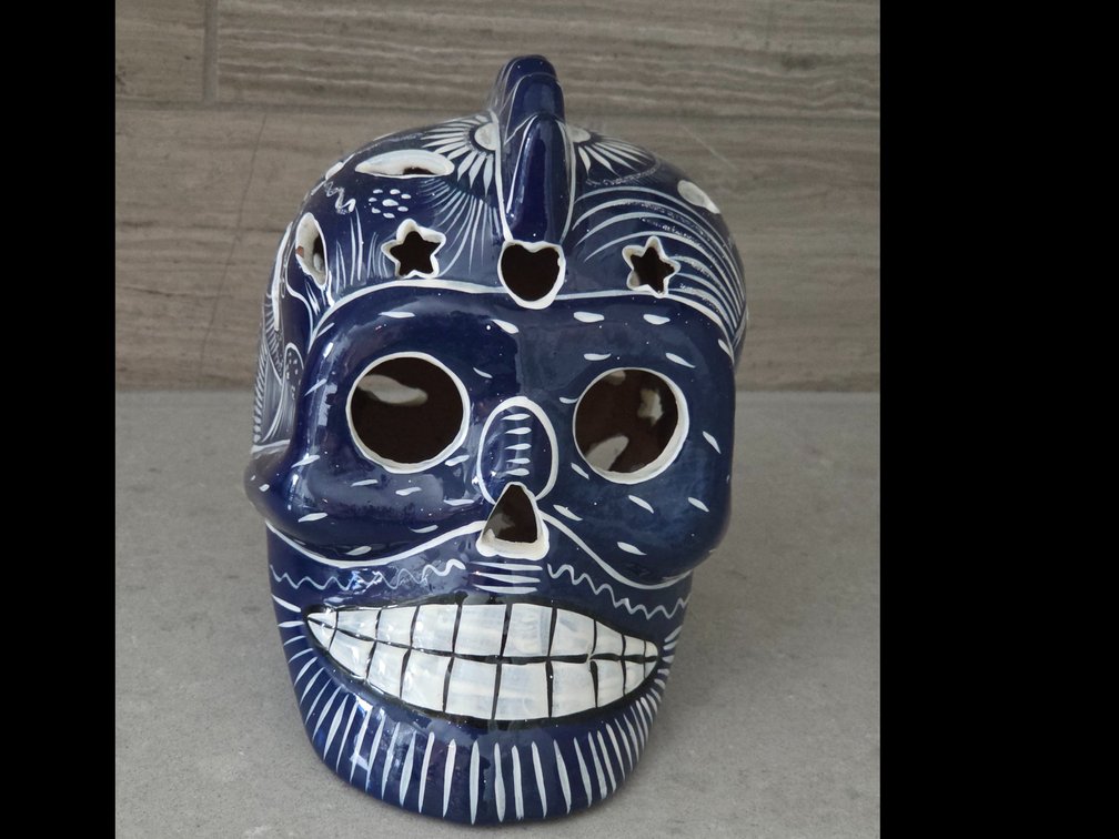 Talavera Day of the Dead Blue and White Skull with Mohawk