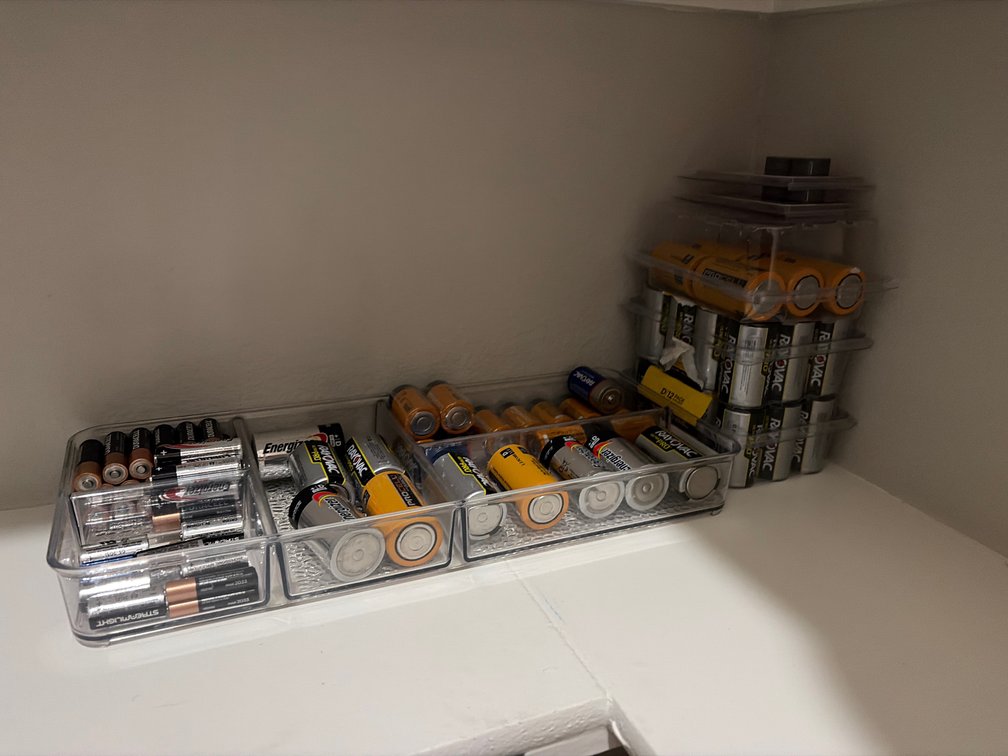 Group of spare batteries, including D, C, AA, and CR 123A