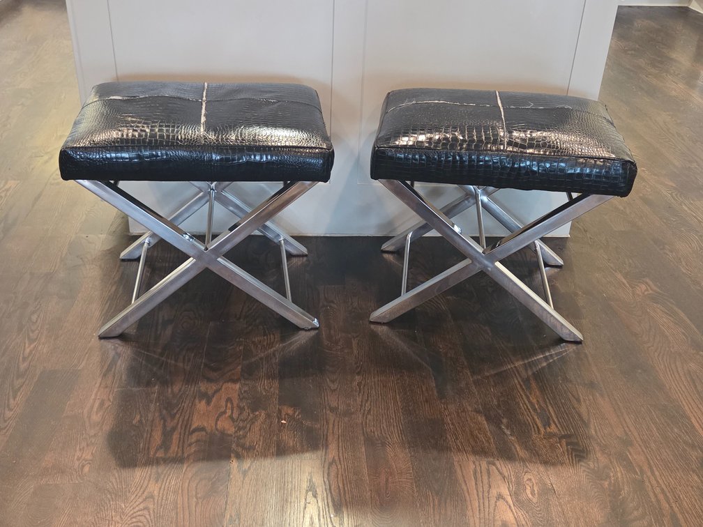 Pair of modern black faux crocodile leather ottomans
