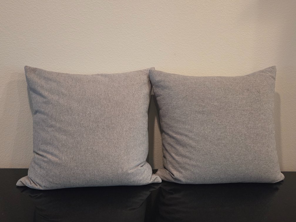2 oversized grey wool couch pillows