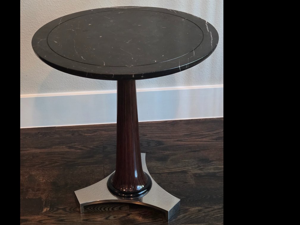 Parker Side Table by Ralph Lauren, with fluted wood-finish pedestal and dark marble top