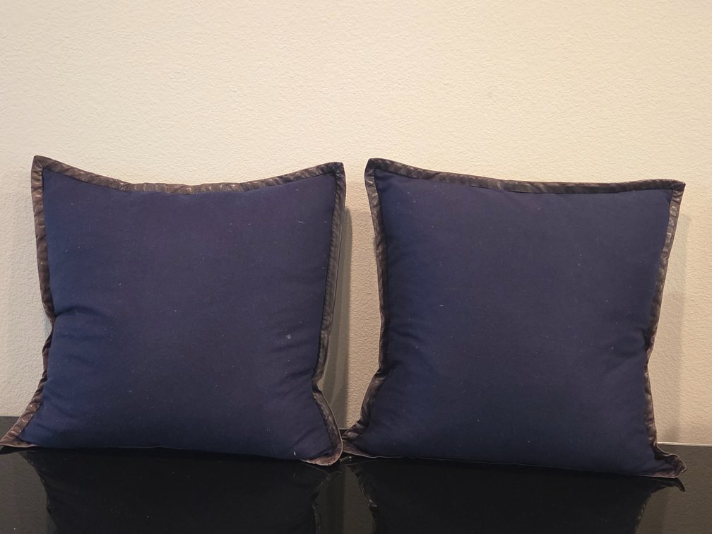 2 Navy Blue Wool Couch Throw Pillows with Soft Leather Trim