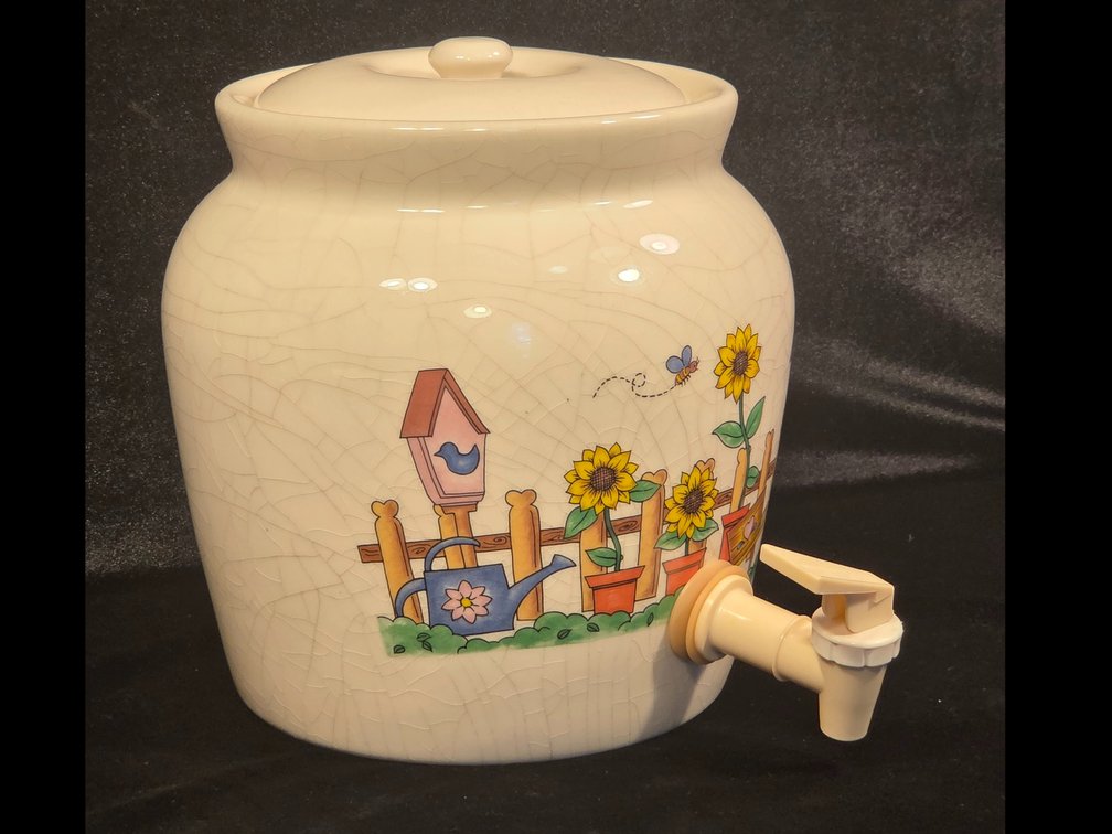 Sunflowers and Birdhouses Stoneware 1 gal Beverage Dispenser