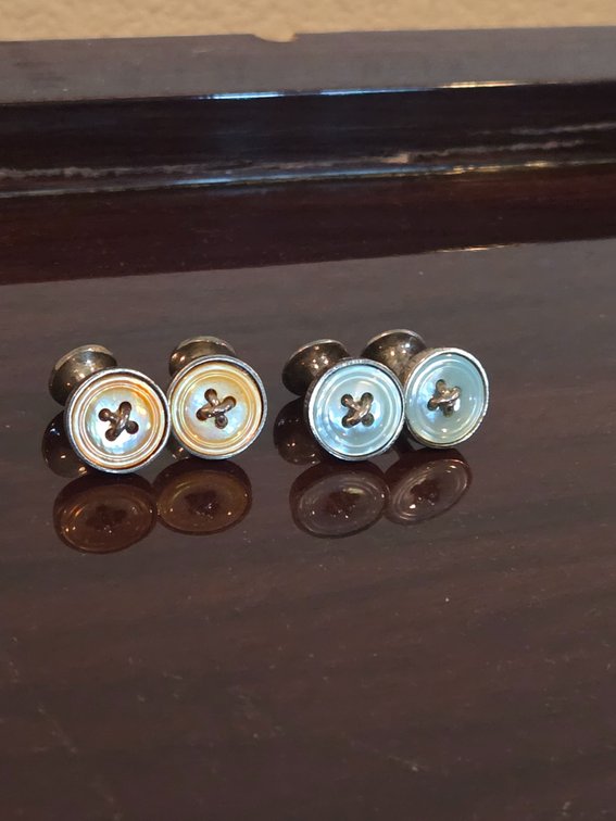 2 pairs Turnbull & Asser Monogrammed Sterling Silver Mother-of-Pearl Button Cufflinks
