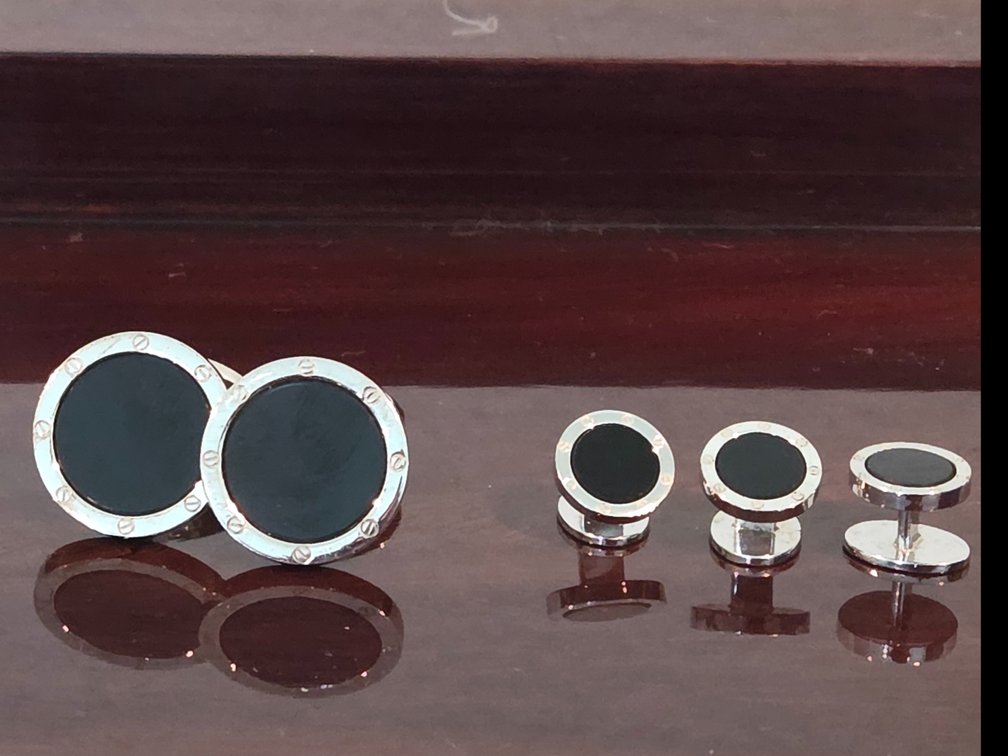 Black Onyx Rivet Etch Sterling Cufflinks & Studs