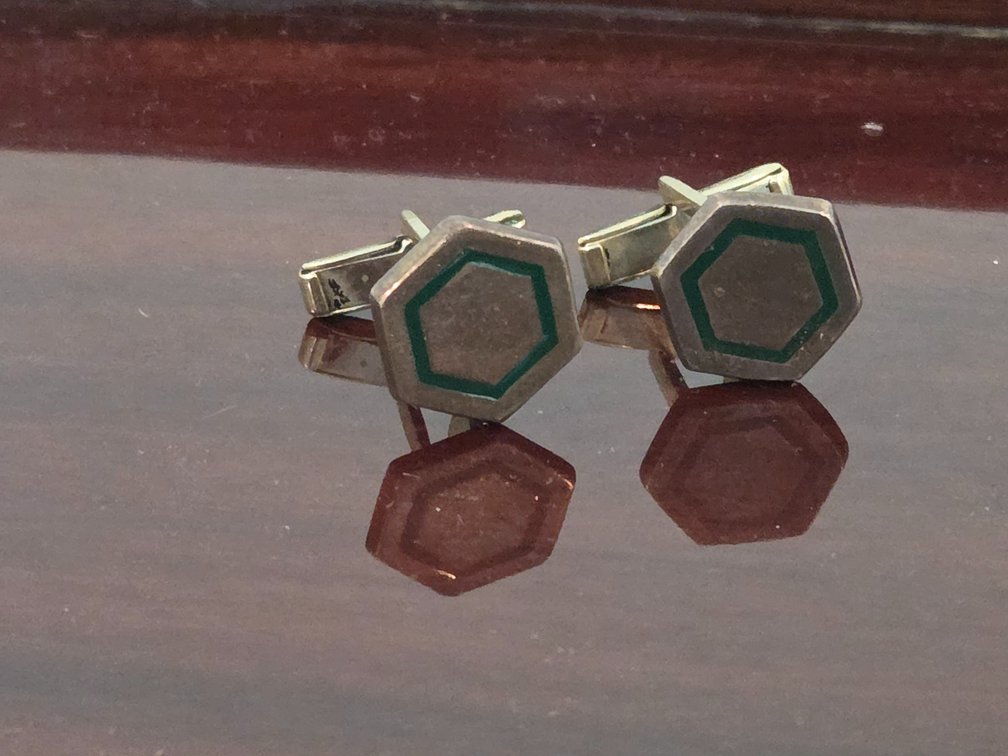 Hand crafted silver cuff links with green inlay