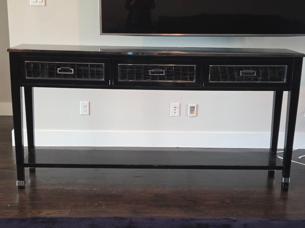 Black media console / TV stand with Crocodile embossed leather drawer panels