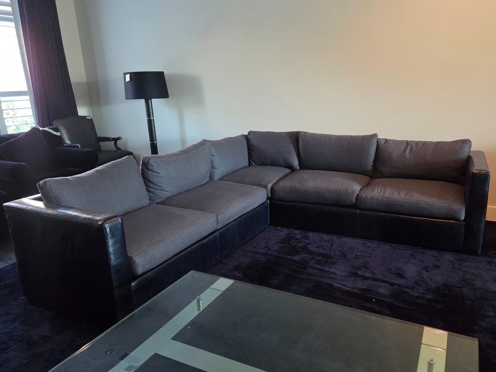 Grey Wool and Black Leather 3 pc Sectional