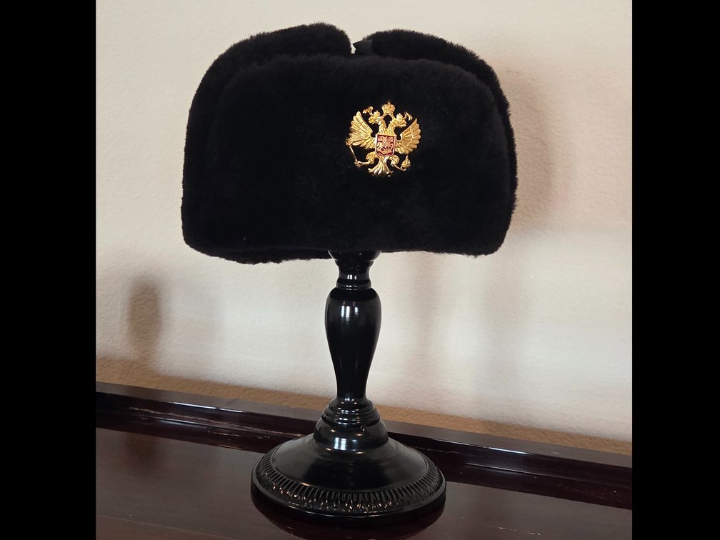 Vintage Russian Faux Fur and Leather Ushanka Hat with Imperial Eagle Badge