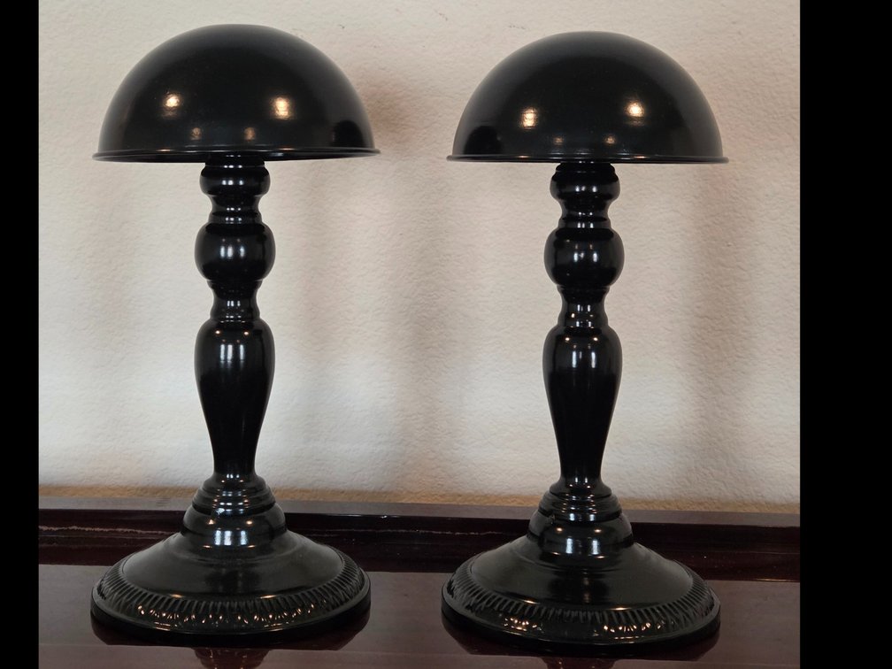 2 vintage-style black metal dome hat stands