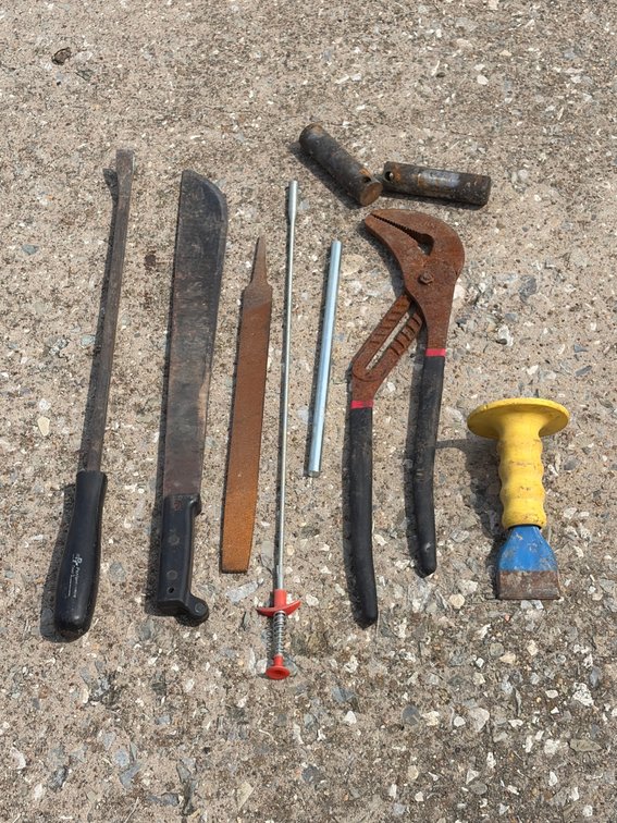 Prybar, machete, file, grabber, channel locks  chisel