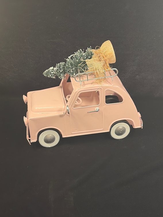 Pink metal car w/Christmas tree
