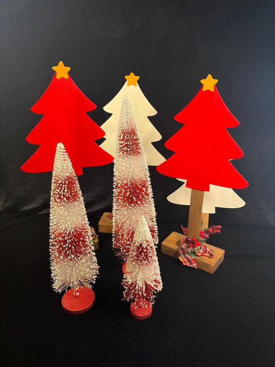 Handcrafted wooden Christmas trees & bottle brush trees