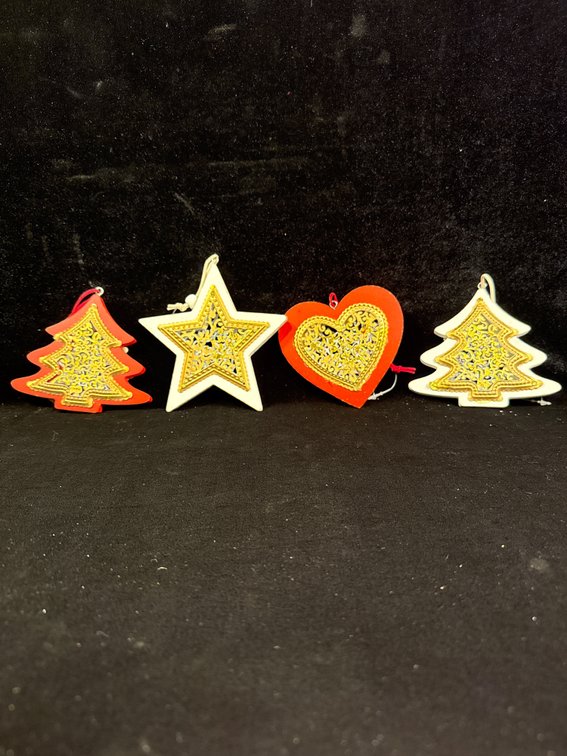 4 Holiday ornaments red and white and gold