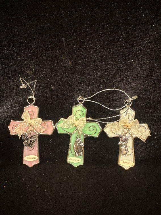5 total Ganz Stained Glass Cross Ornaments / Suncatchers (Courage & Dog) & (Guidance, Kindness & Rejoice)